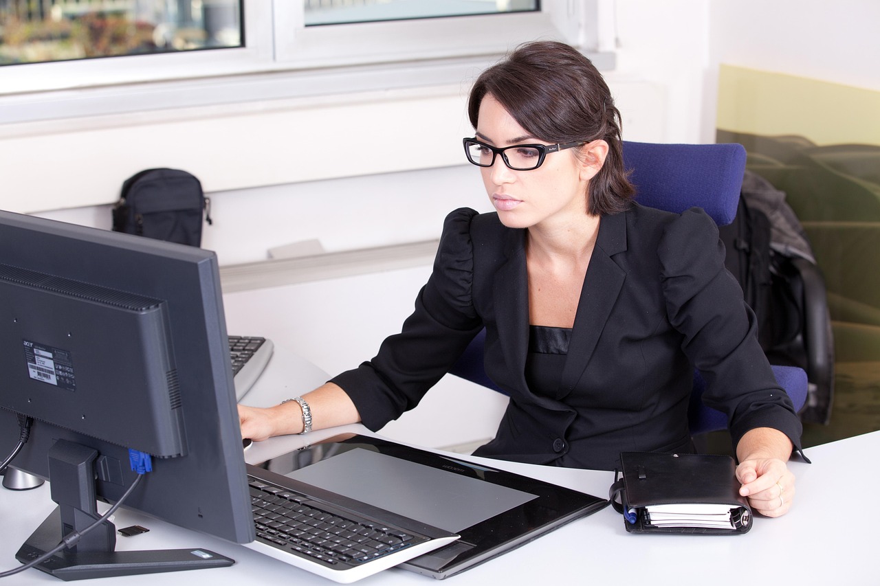 secretary, used, glasses, beautiful girl woman, work, computer, girl, woman, bella, accounting, beauty, charm, elegance, office, business, hostess, sensual, people, monitor, keyboard